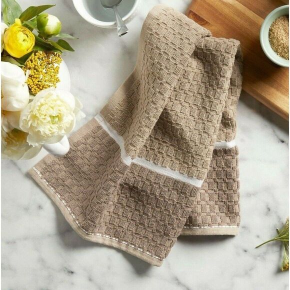 Siena Tan Brown Tan Kitchen Towels Cotton Contrasting Color Border 2-Pc Gift NEW - Picture 2 of 4